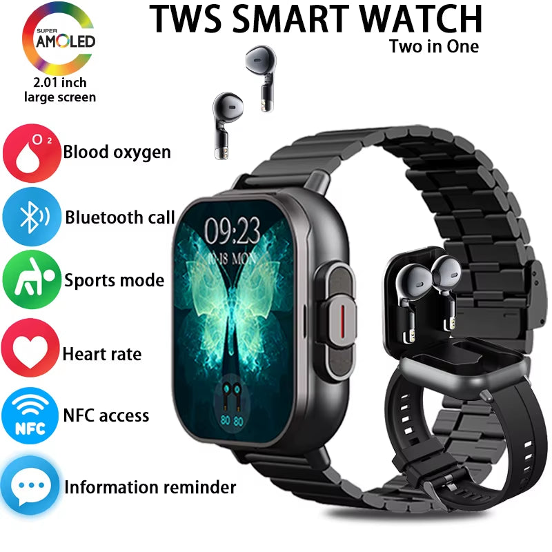 New Smart Watch Men 2 in 1 with Earbuds Heart Rate GPS Track TWS Bluetooth Earphone Monitor Play Music Sport Fitness Smartwatch