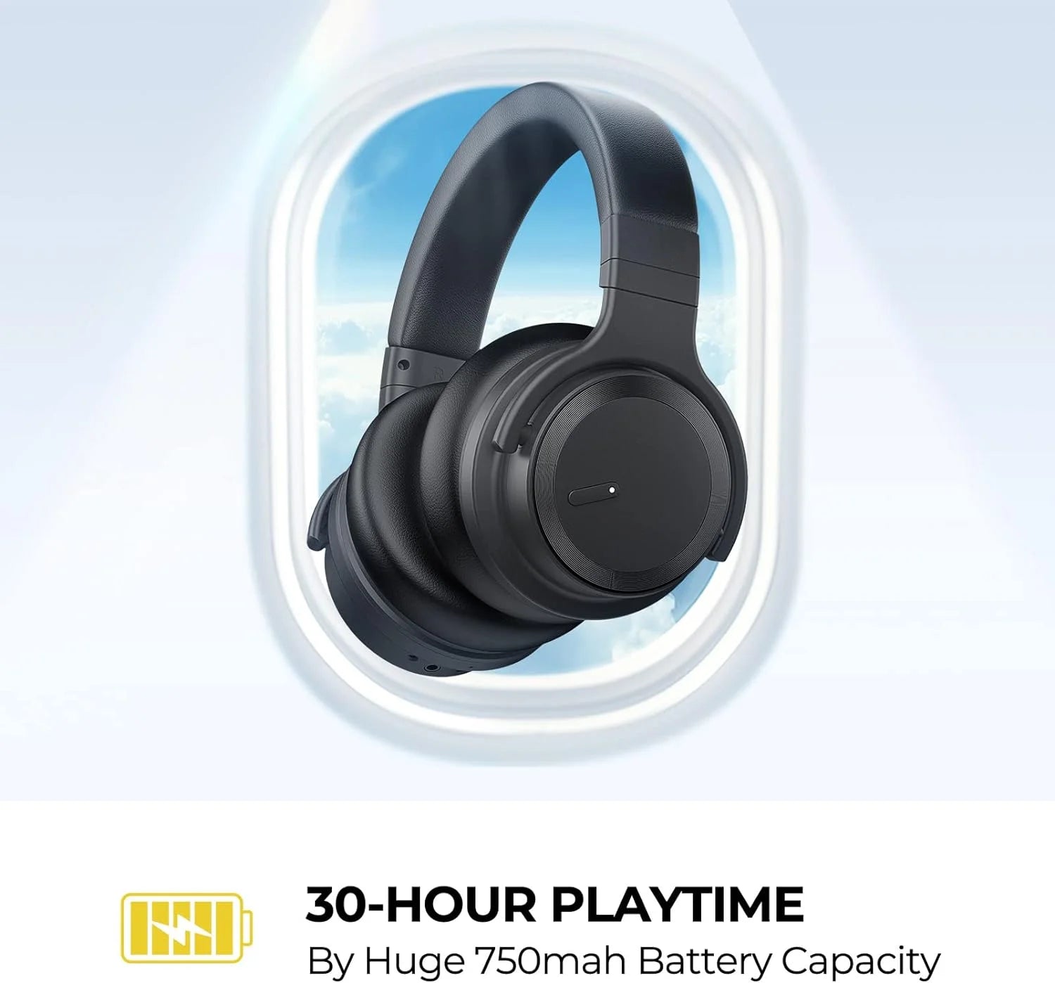 Bluetooth Headphones Active Noise Cancelling Headphones Wireless Headphones over Ear with Mic Deep Bass, Comfortable Protein Earpads, 30 Hours Playtime for Travel/Work, Black