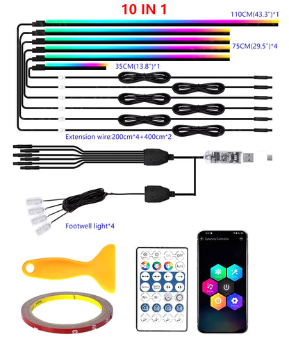 10/6/4/2/1 in 1 Car Full RGB LED Ambient Rainbow Light Strip/ USB Dream Symphon Music Atmosphere Lamp with App Remote Control